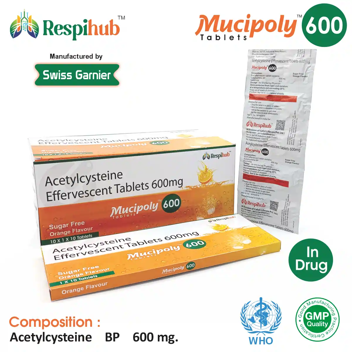 Acetylcysteine (600mg) Effervescent Tablet at Best Price in PCD Pharma Franchise for Mucolytics, and Cough Relief.